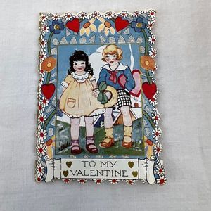 Vtg 1930s 1935 Valentine's Day Holiday Die Cut Double Side Boy Girl Cottage Card